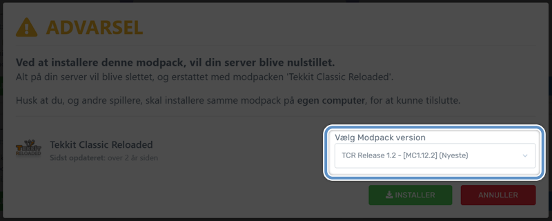 Vælg Modpack version på din Minecraft Server hos Nice-Hosting.dk