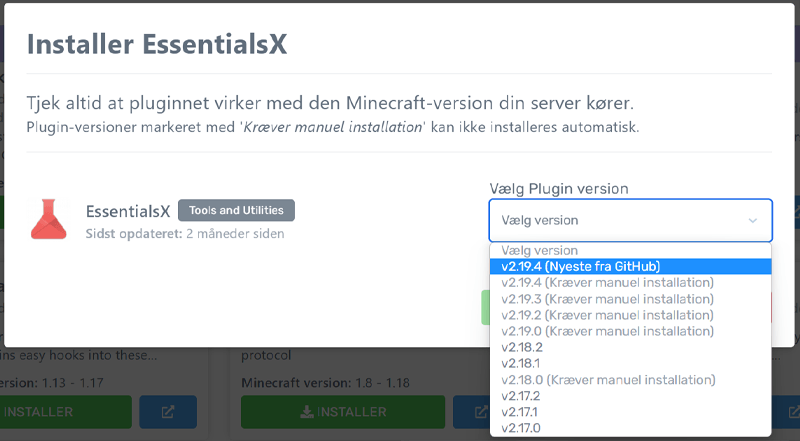 Vælg hvilken version af pluginnet du vil installere på din Minecraft-server fra Nice-Hosting.dk