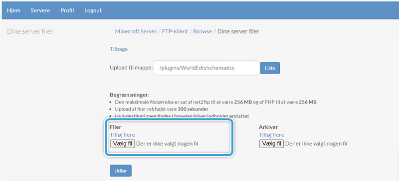 Upload et WorldEdit Schematic til din Minecraft Server hos Nice-Hosting.dk