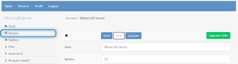 Find din servers konsol i dit Minecraftpanel hos Nice-Hosting